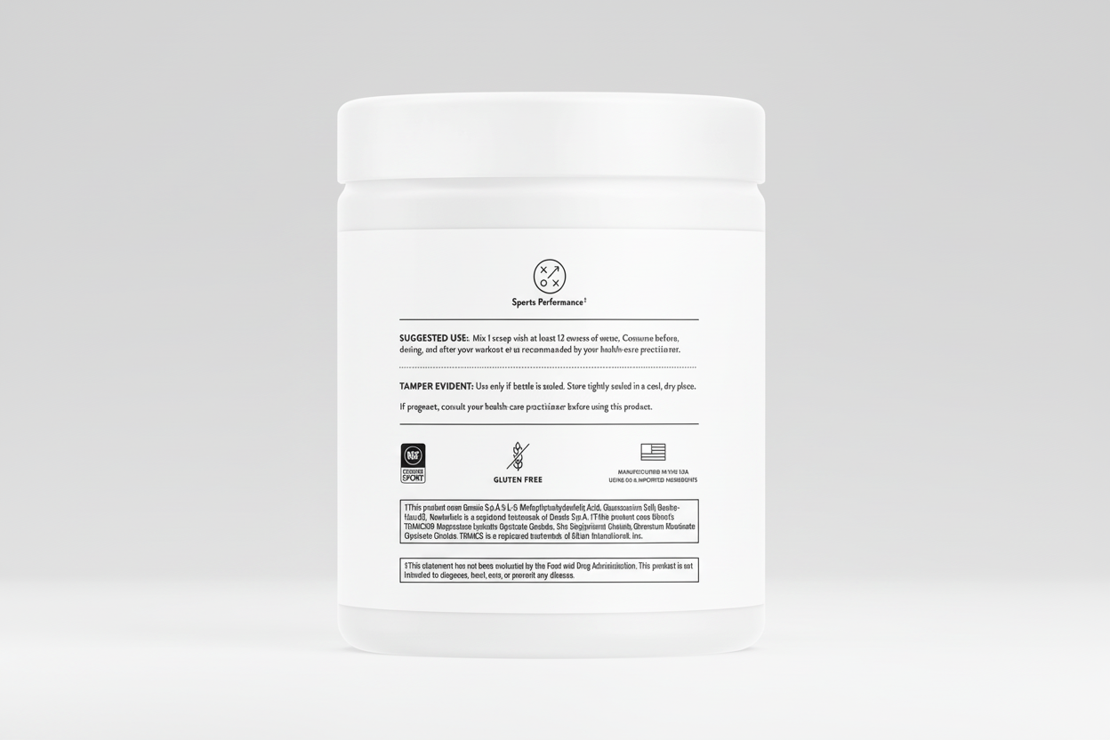 White supplement container with black text on a white background