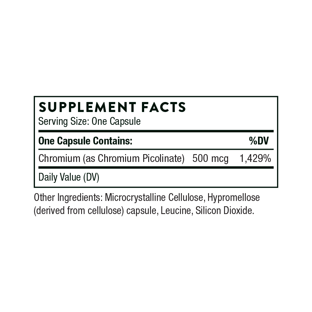 Supplement facts label for a chromium supplement capsule on a white background