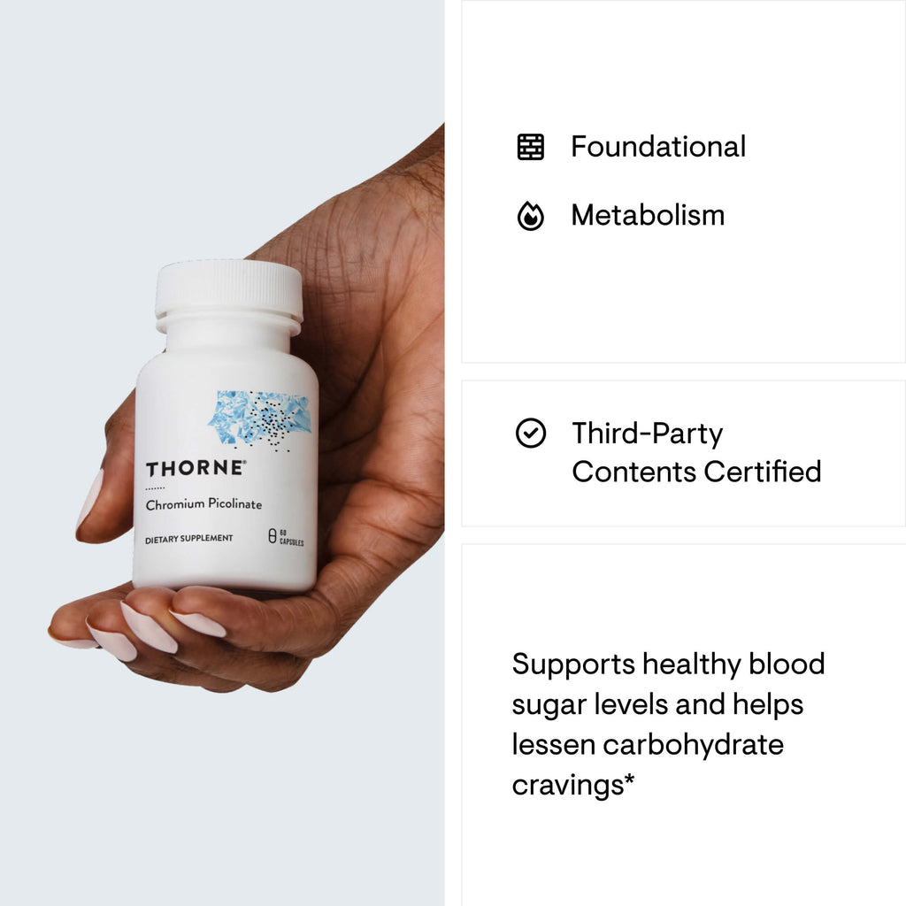 Hand holding a Thorne supplement bottle with product details on the right.