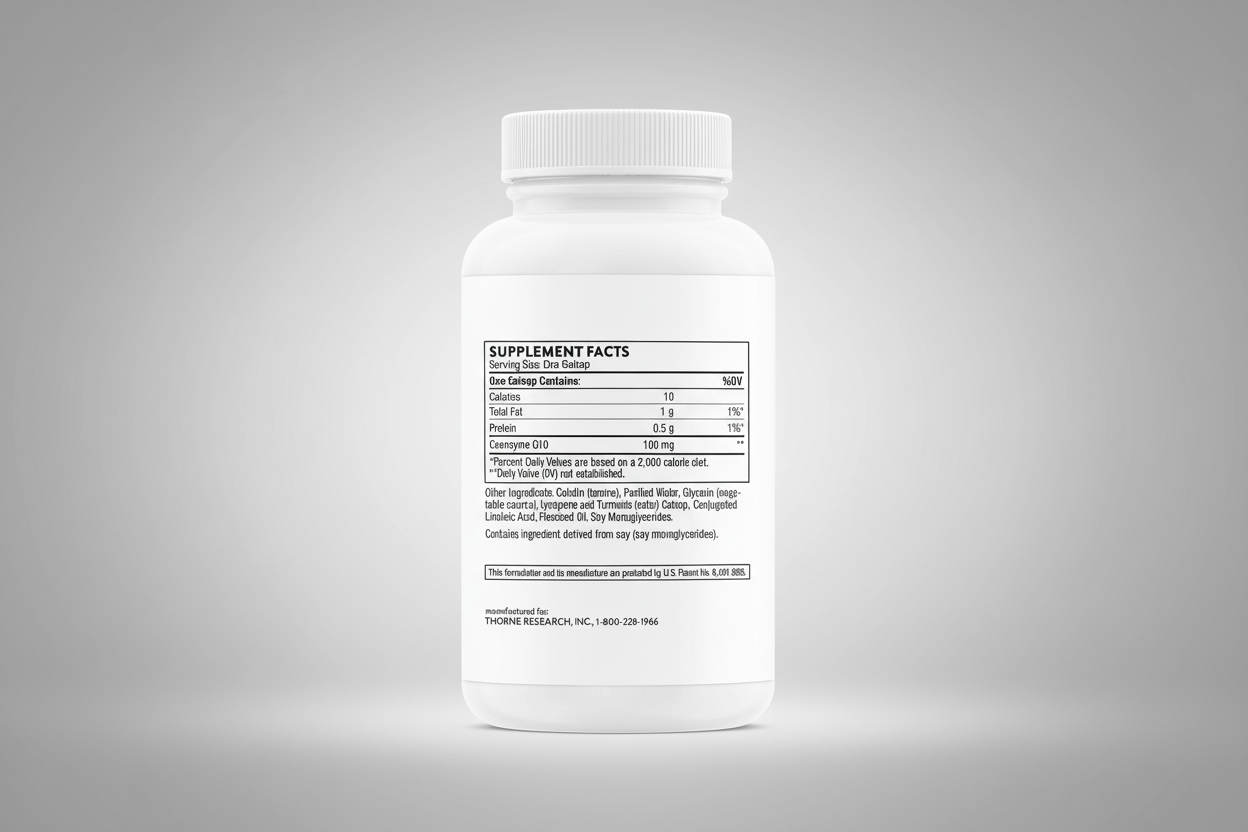 White supplement bottle with label on a black background