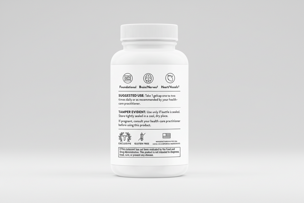 White supplement bottle label on a black background