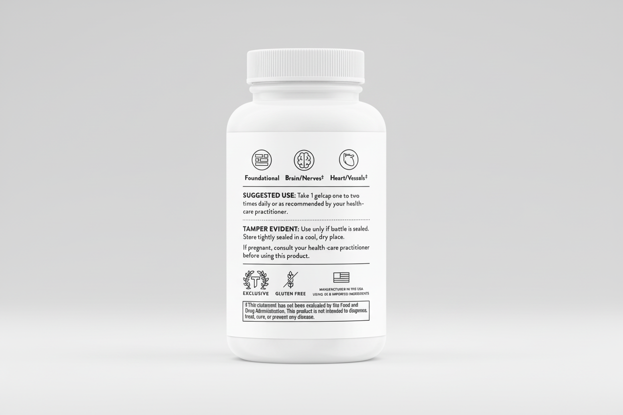 White supplement bottle label on a black background