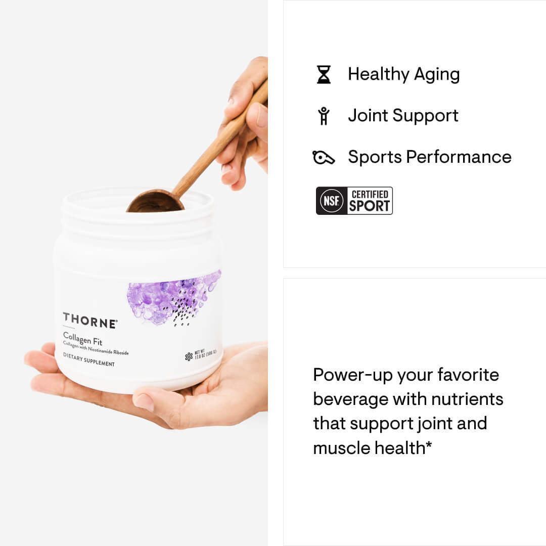 Thorne Collagen Fit supplement container with a spoon and text about health benefits on a white background