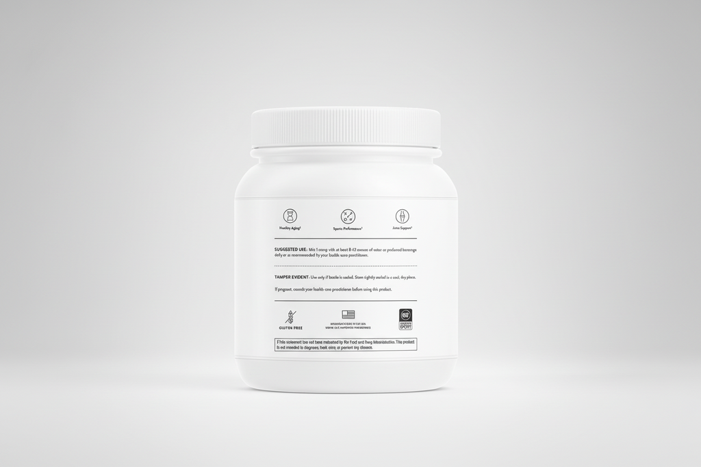 White supplement container with black text on a white background