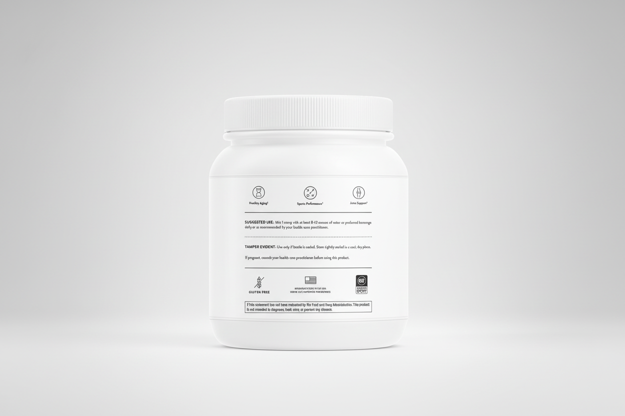 White supplement container with black text on a white background