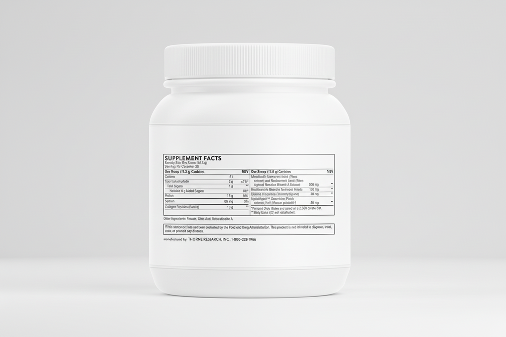 White supplement container with label on a white background