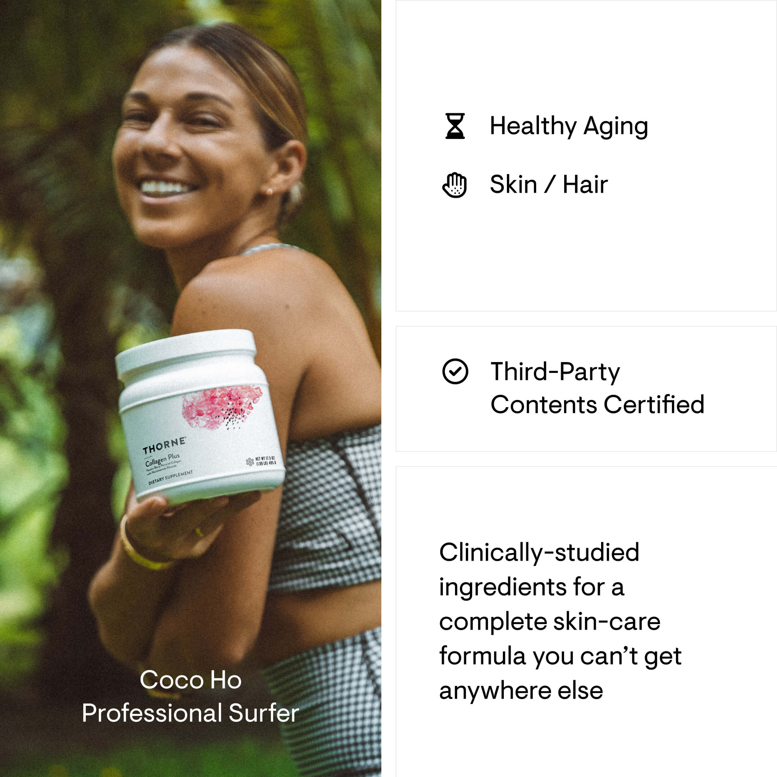 Woman holding a container of a product with text about healthy aging, skin/hair benefits, and third-party certification.