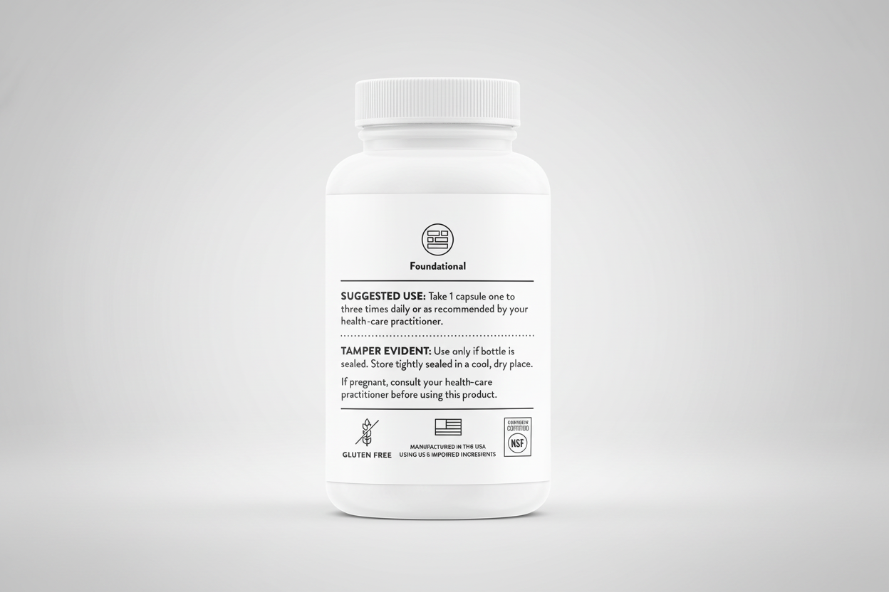 White supplement bottle with label on a black background