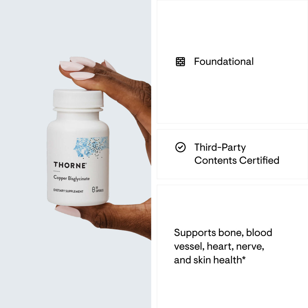 Hand holding a Thorne supplement bottle with product details on a white background