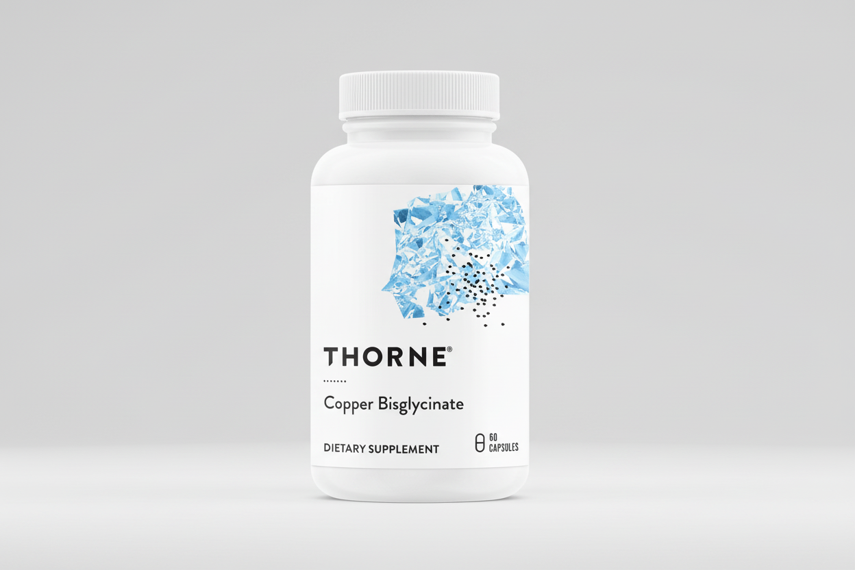Thorne Copper Bisglycinate dietary supplement bottle on a white background