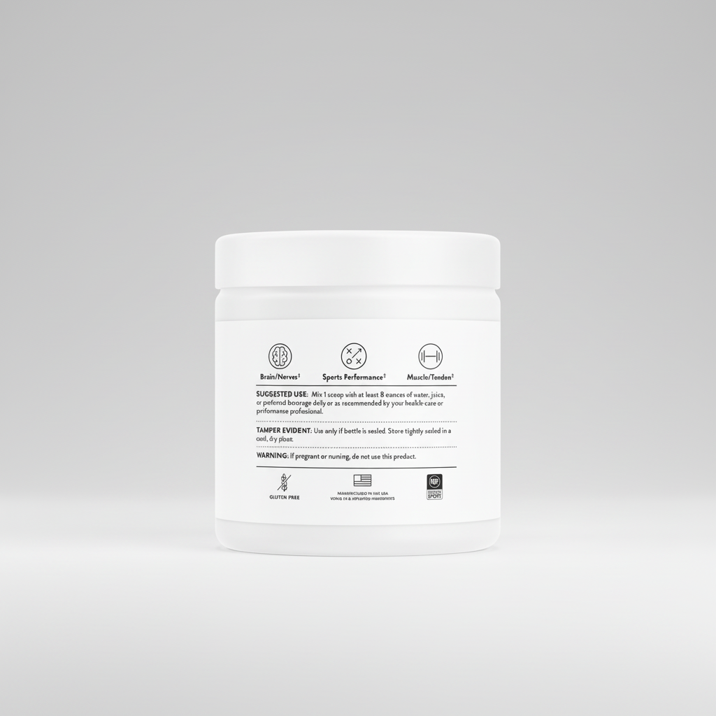 White supplement container with label on a black background