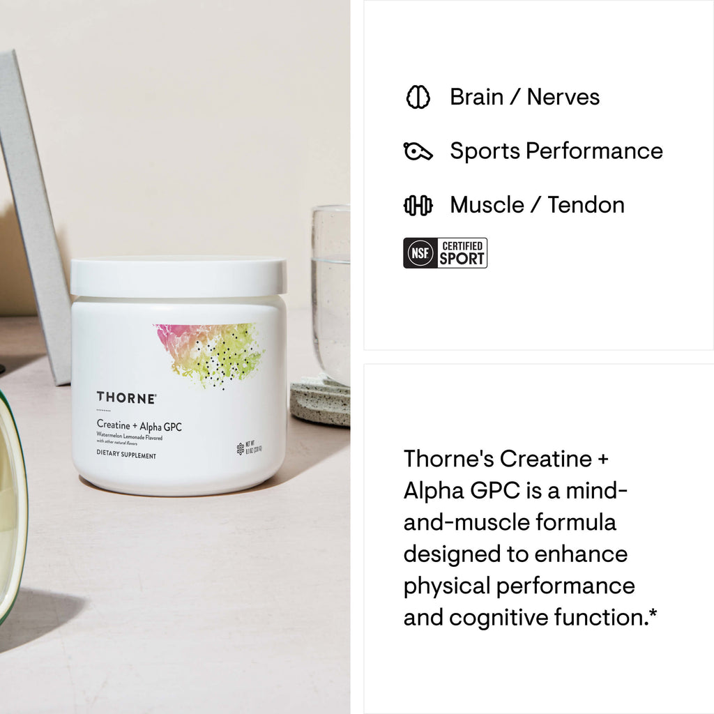 Thorne Creatine + Alpha GPC supplement container on a surface with product description text.