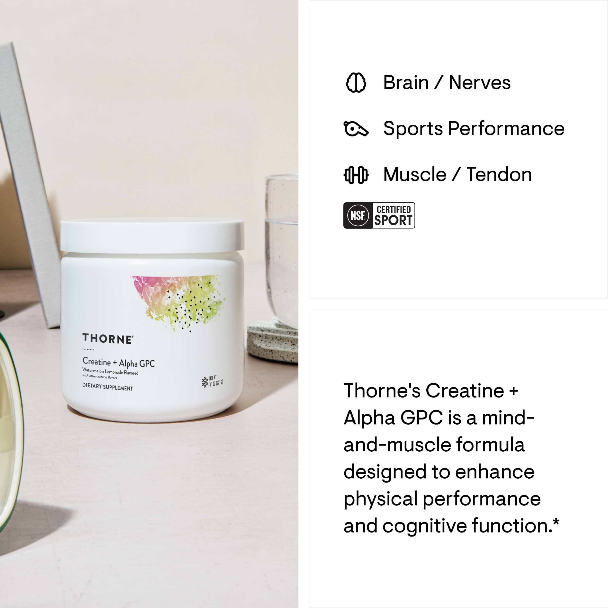 Thorne Creatine + Alpha GPC supplement container on a surface with product description text.