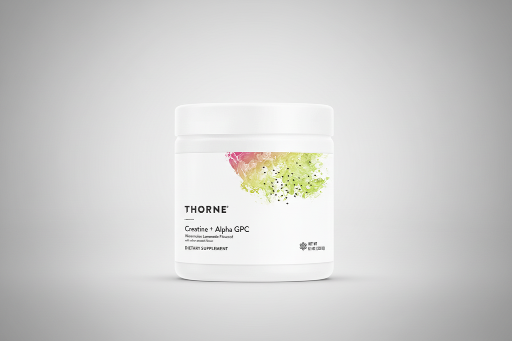 Thorne Creatine + Alpha GPC supplement container on a black background