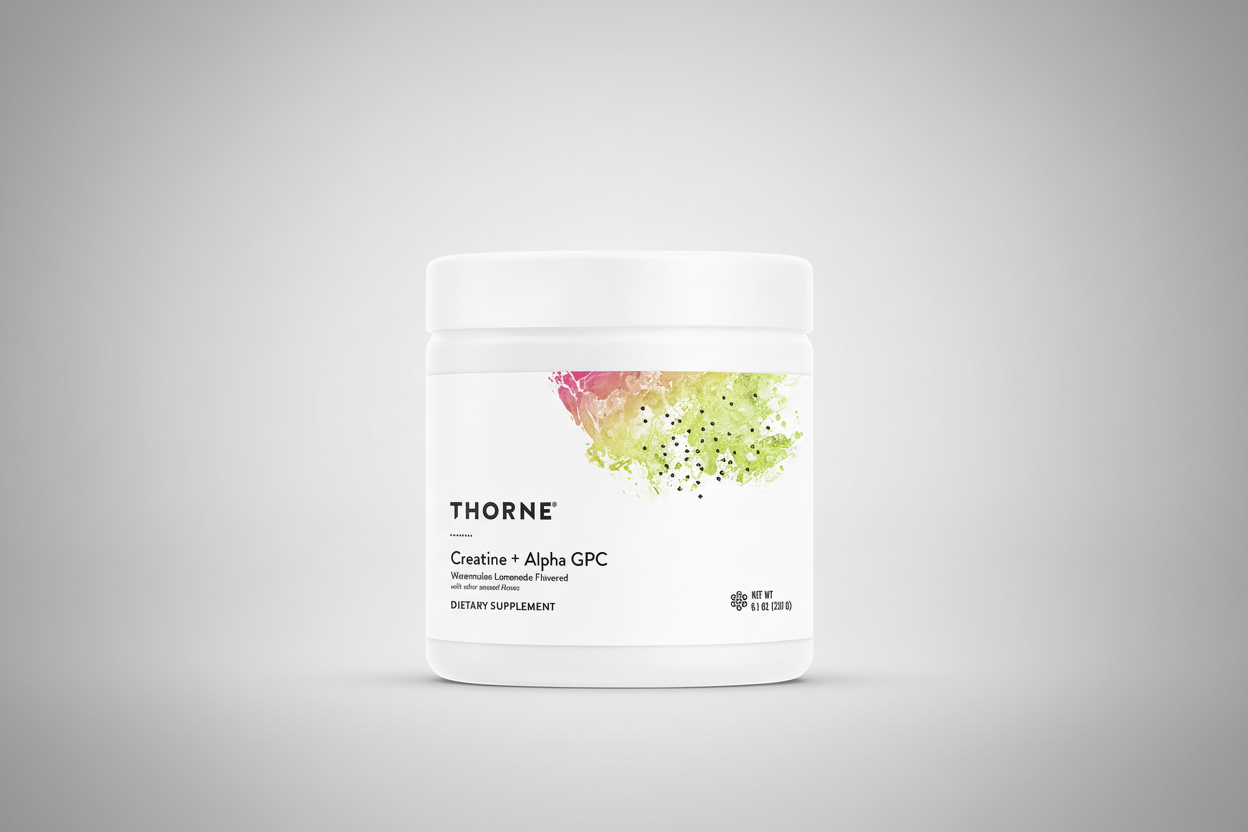 Thorne Creatine + Alpha GPC supplement container on a black background