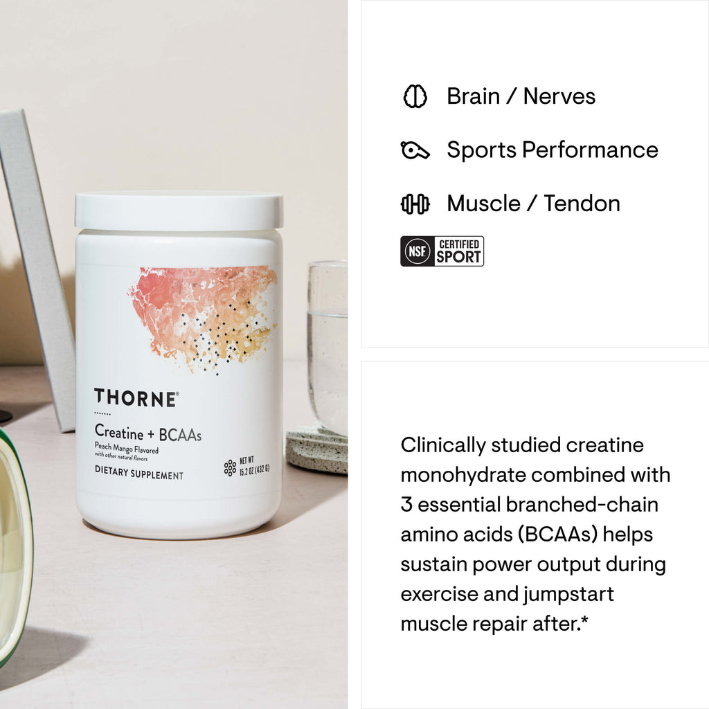 Thorne Creatine + BCAAs dietary supplement container on a table with product description text.