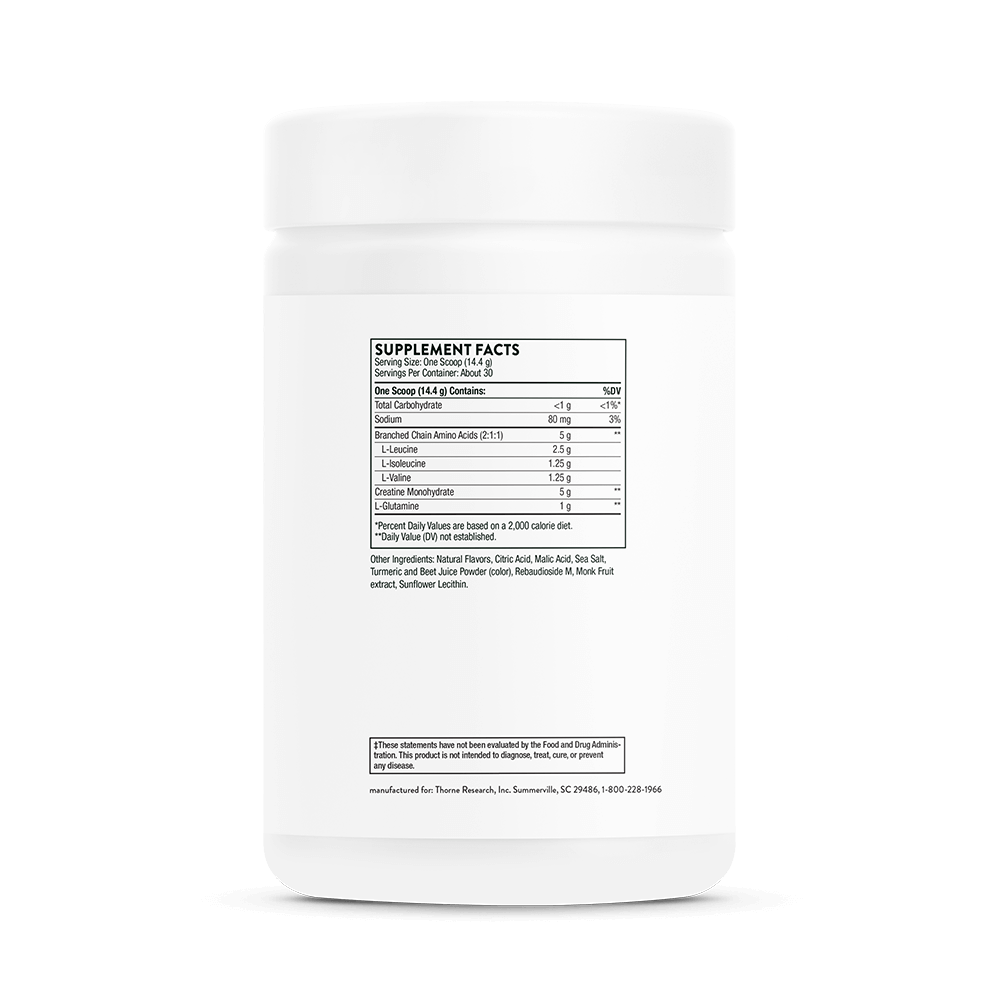 White supplement container with black text on a white background
