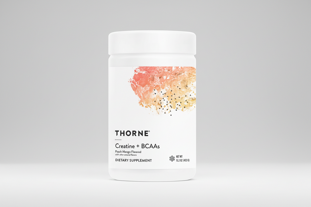 Thorne Creatine + BCAAs dietary supplement container with peach mango flavor on a white background