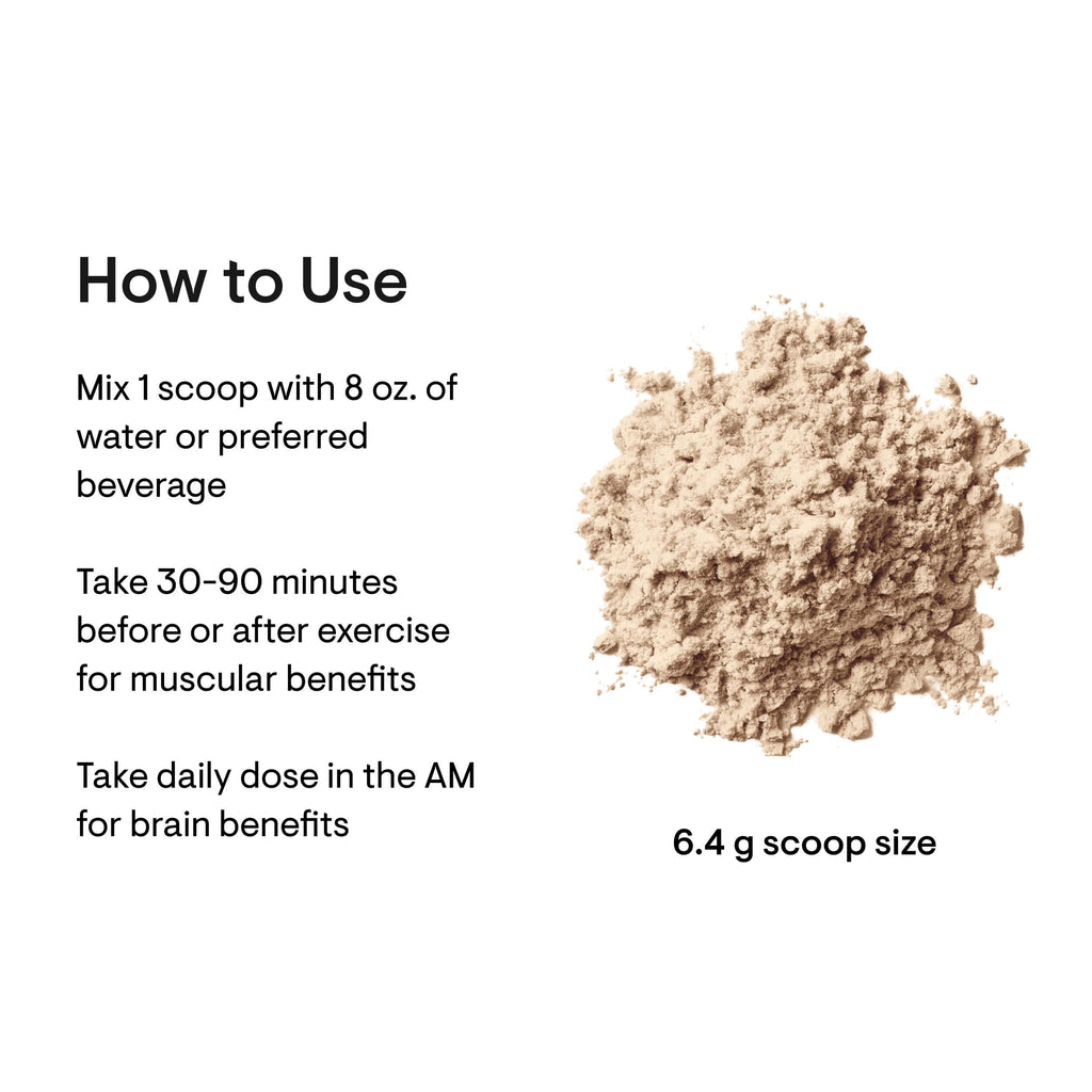 Powdered supplement with usage instructions on a white background