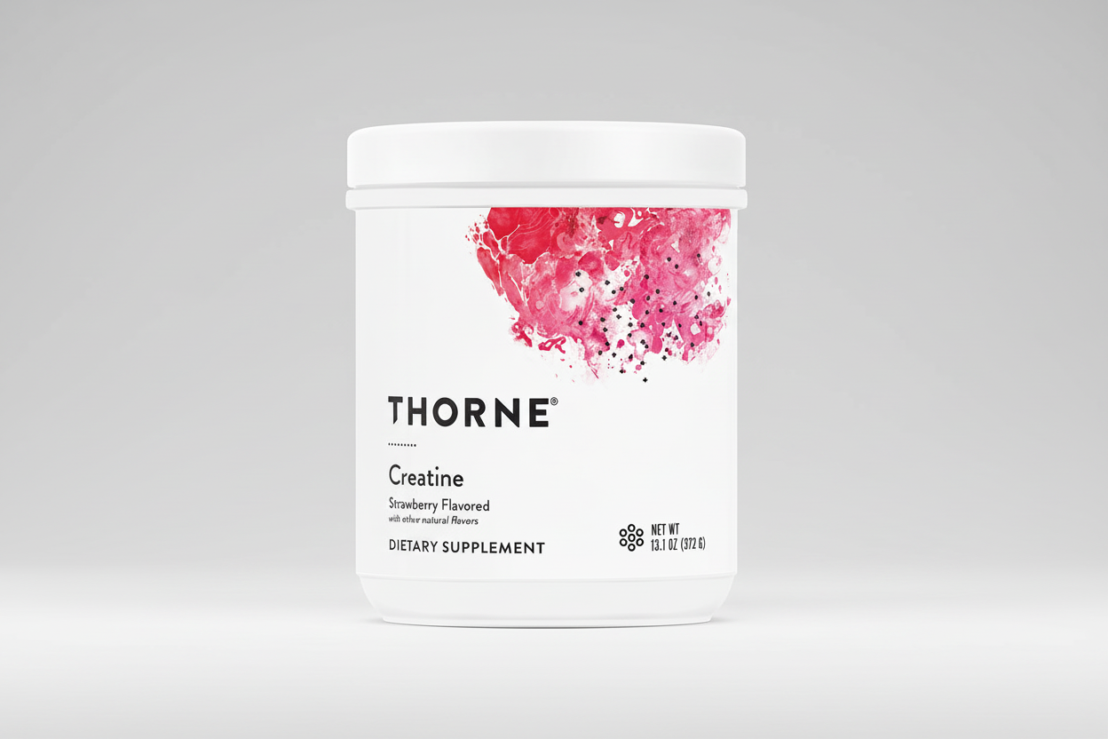 Thorne Creatine supplement container with pink design on a white background