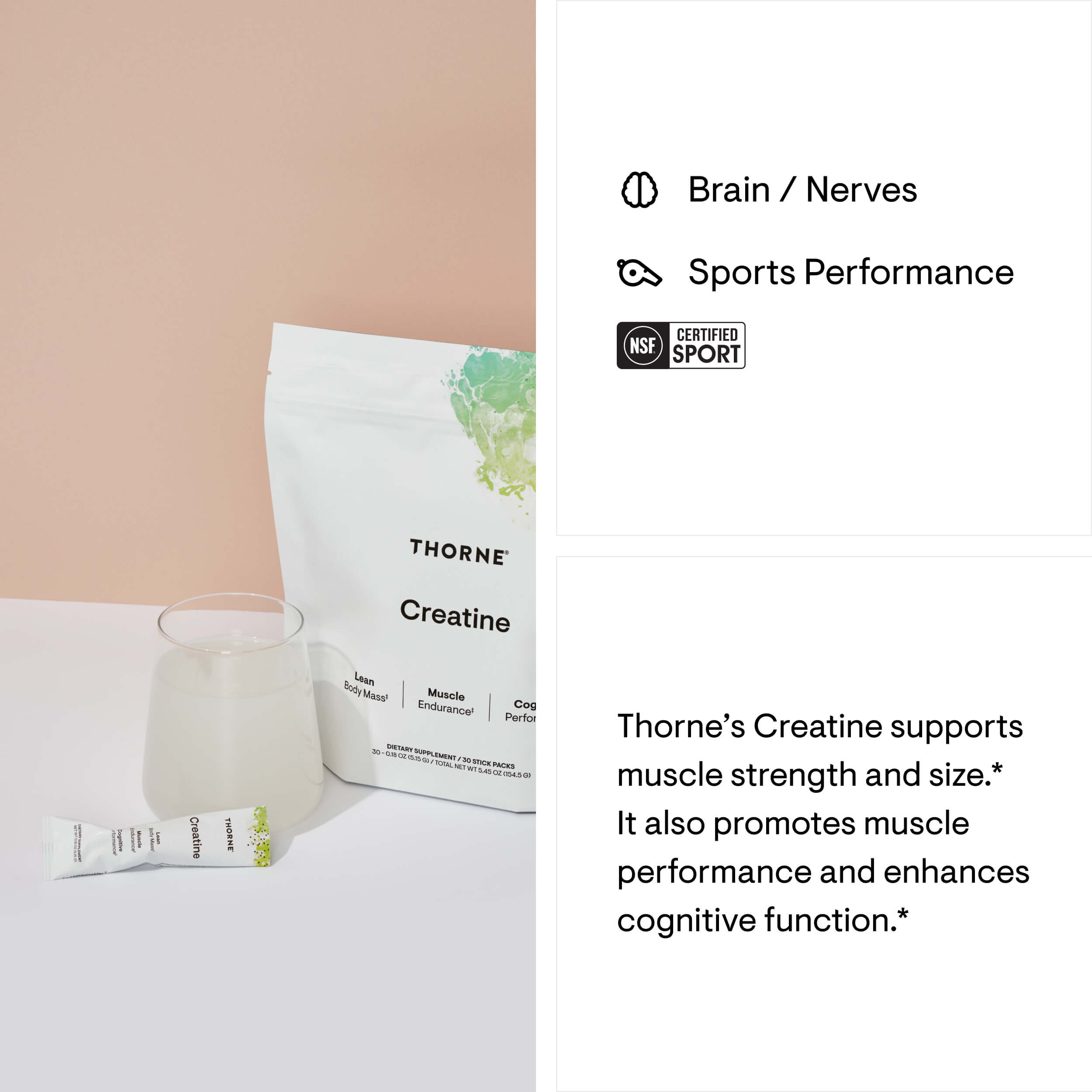 Thorne Creatine supplement packaging with product details on a white background