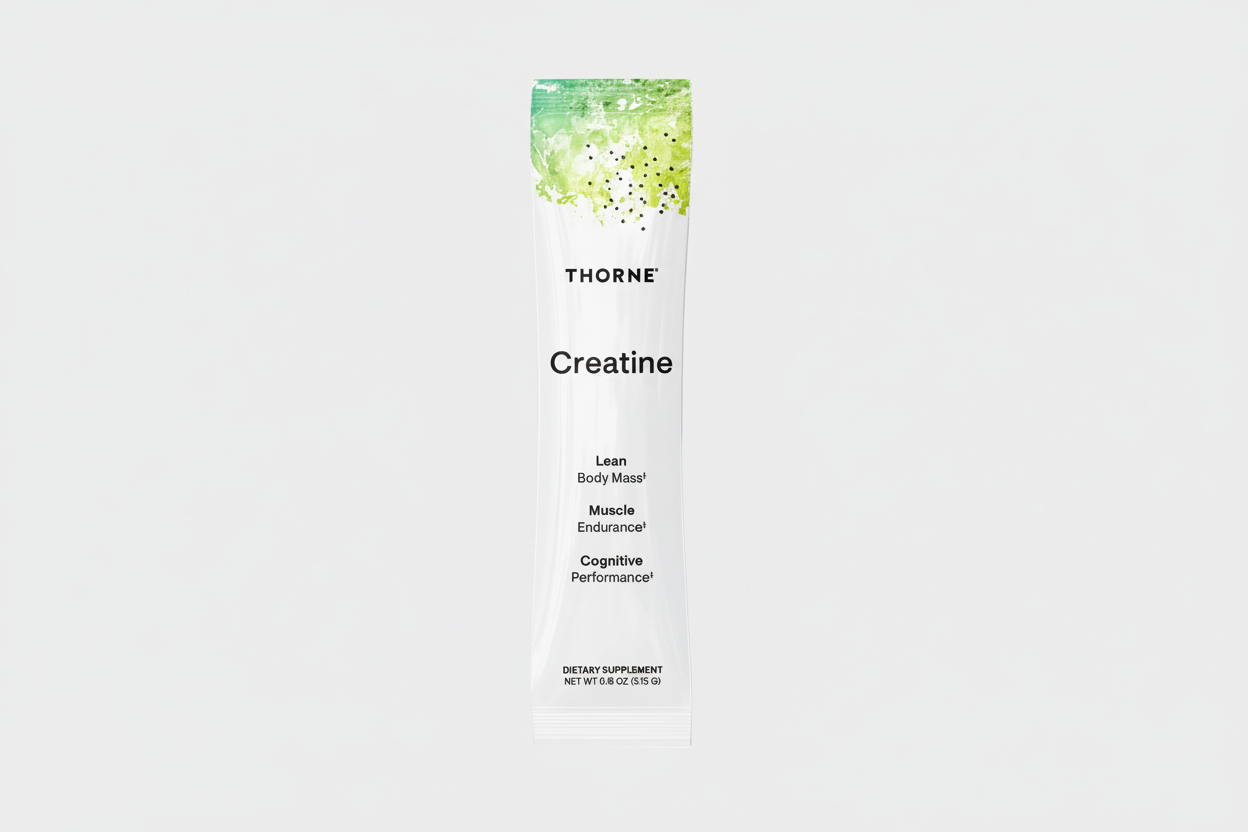 Thorne Creatine supplement package on a black background