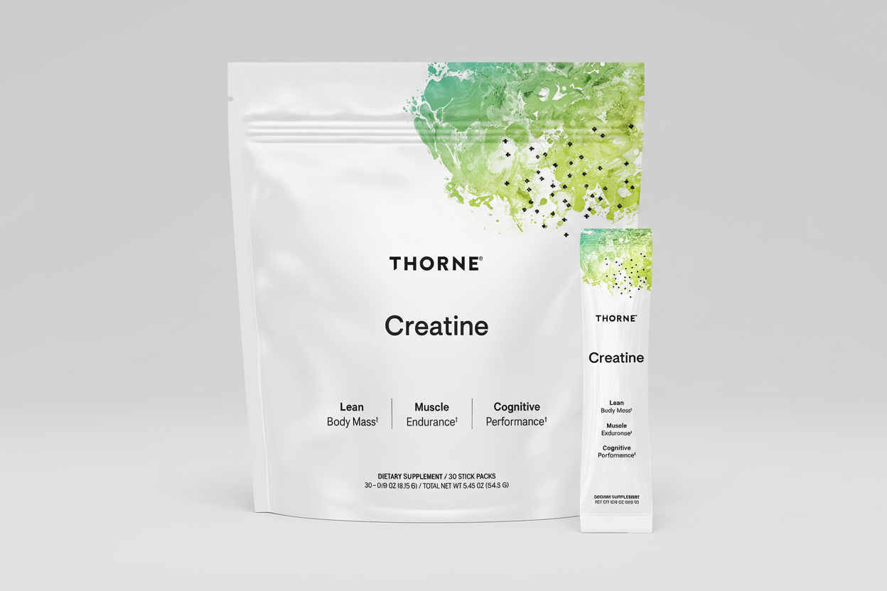 Thorne Creatine supplement packaging with green and white design on a black background