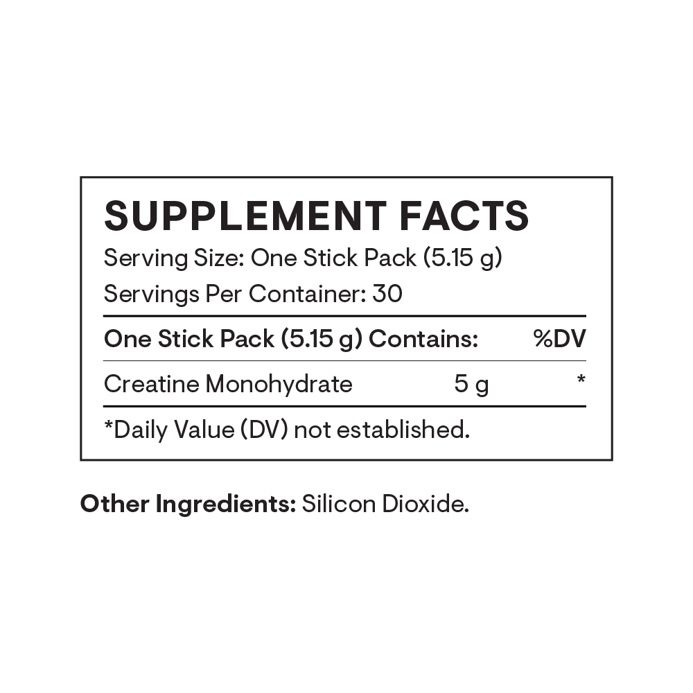 Supplement facts label for a product with creatine monohydrate and silicon dioxide.