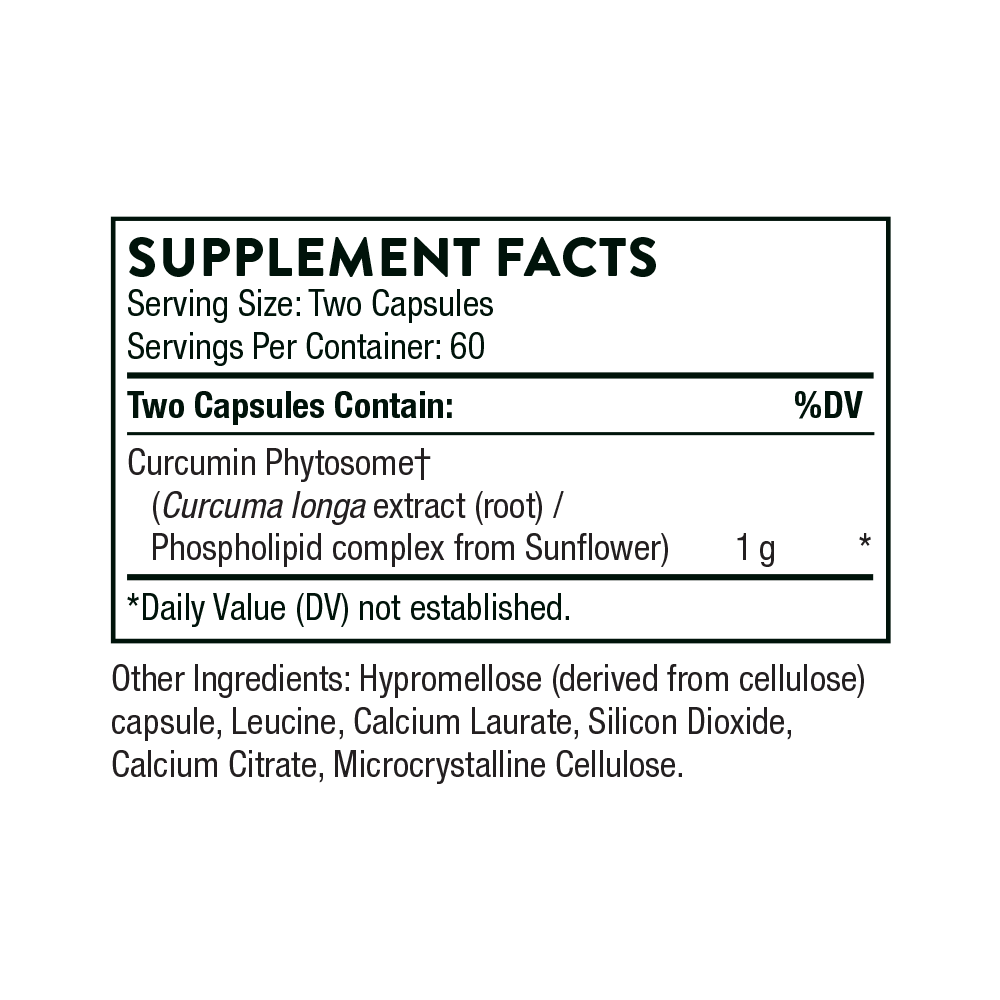 Supplement facts label for a product containing Curcumin Phytosome and other ingredients on a white background.