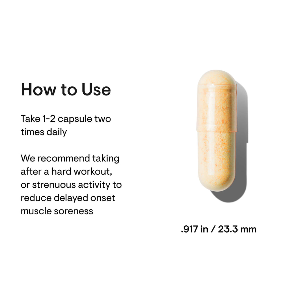Capsule with usage instructions and dimensions on a white background