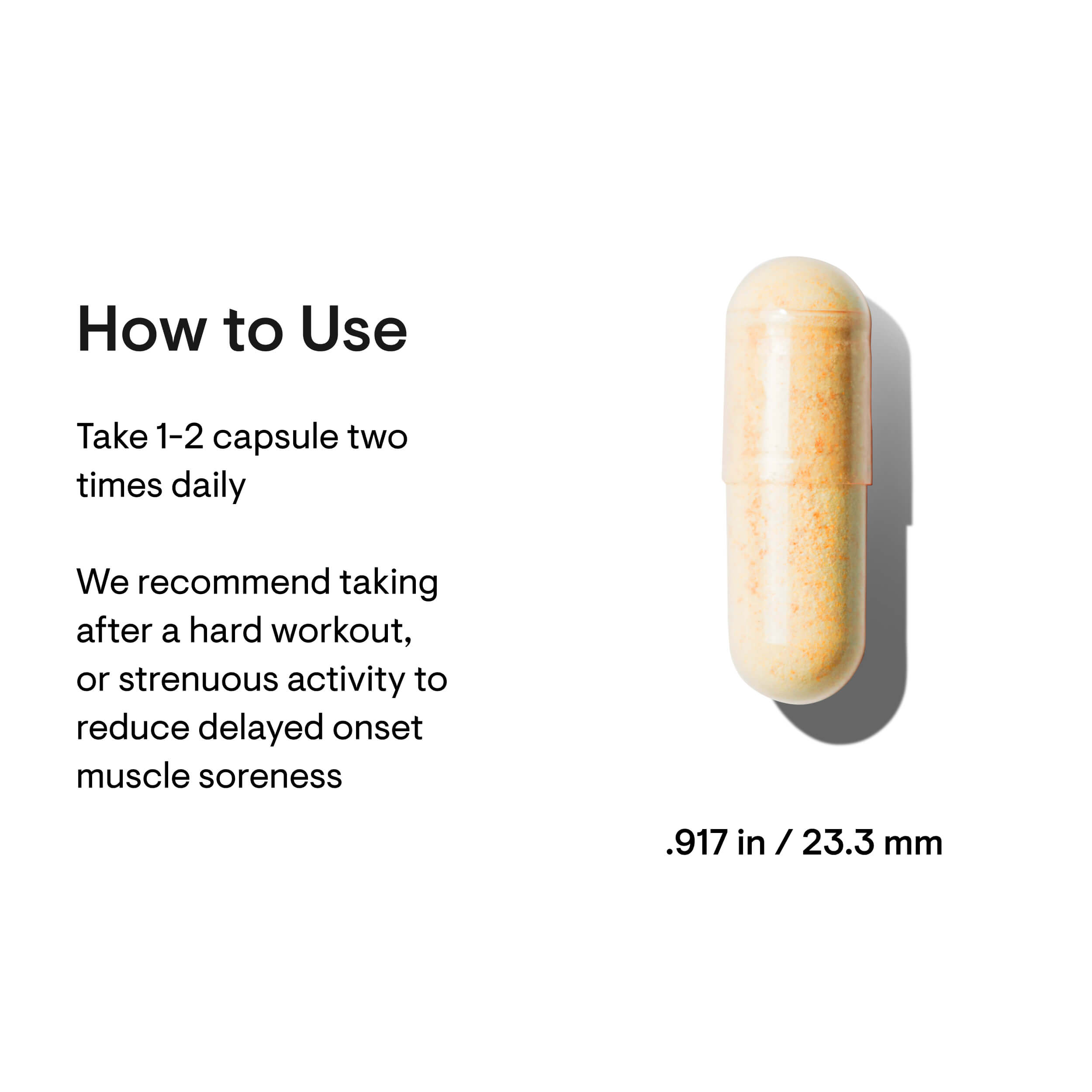 Capsule with usage instructions and dimensions on a white background