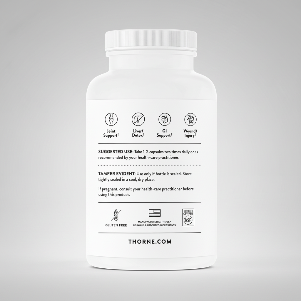 White supplement bottle label with black text and icons on a white background