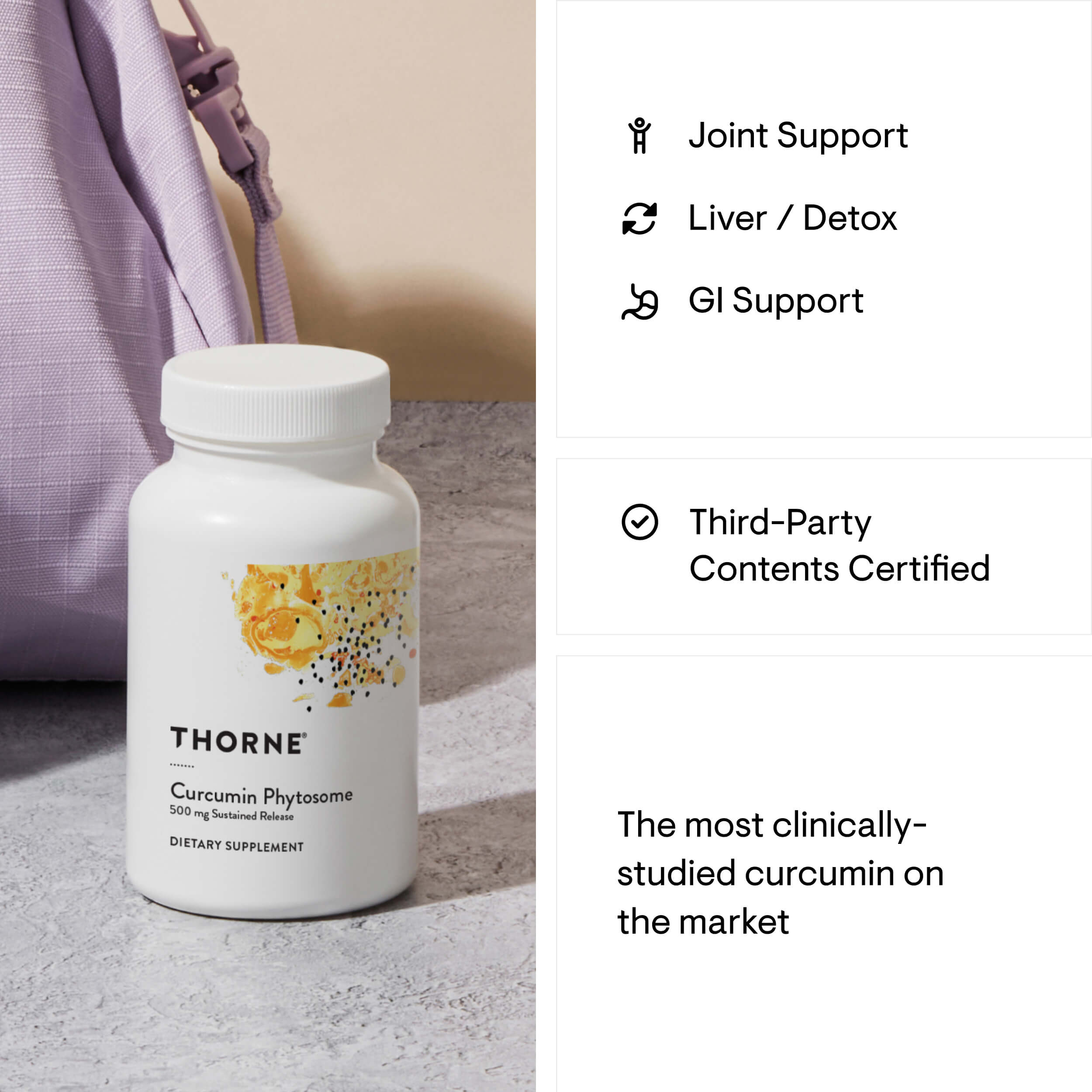 Thorne Curcumin Phytosome supplement bottle with product features listed on the right.