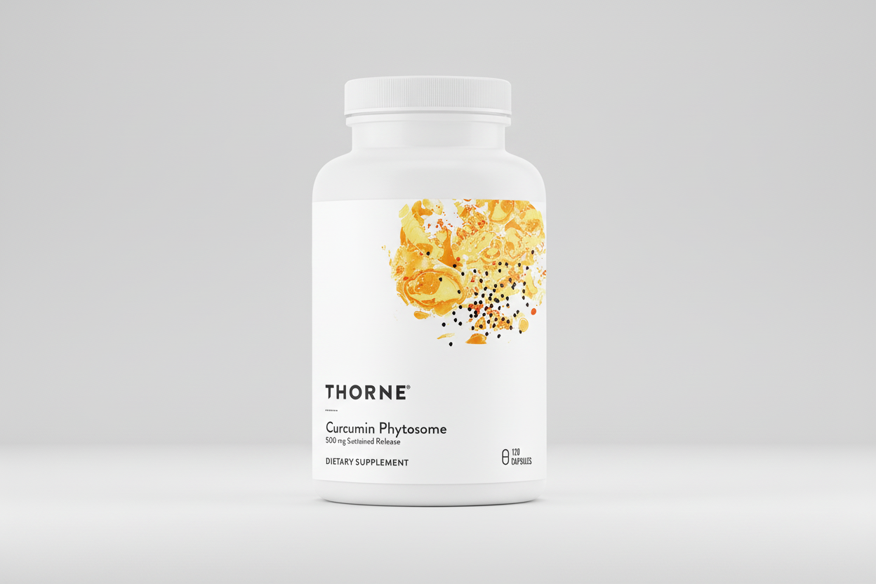 Thorne Curcumin Phytosome dietary supplement bottle on a white background