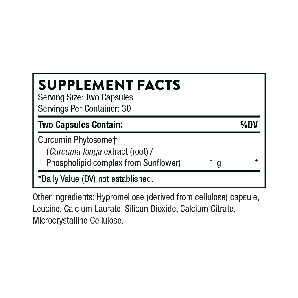 Supplement facts label with curcumin phytosome and other ingredients on a white background