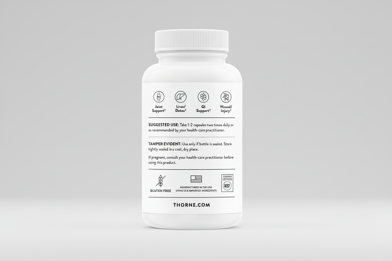 White supplement bottle with label on a black background