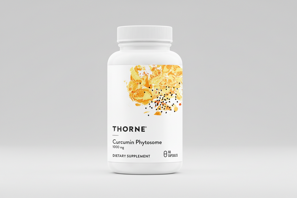 Thorne Curcumin Phytosome dietary supplement bottle on a black background