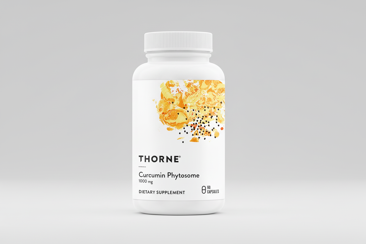 Thorne Curcumin Phytosome dietary supplement bottle on a black background