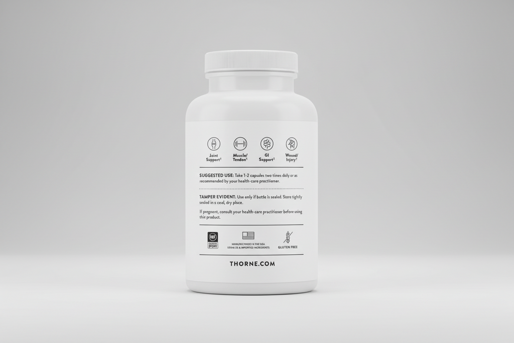 White supplement bottle with label on a black background