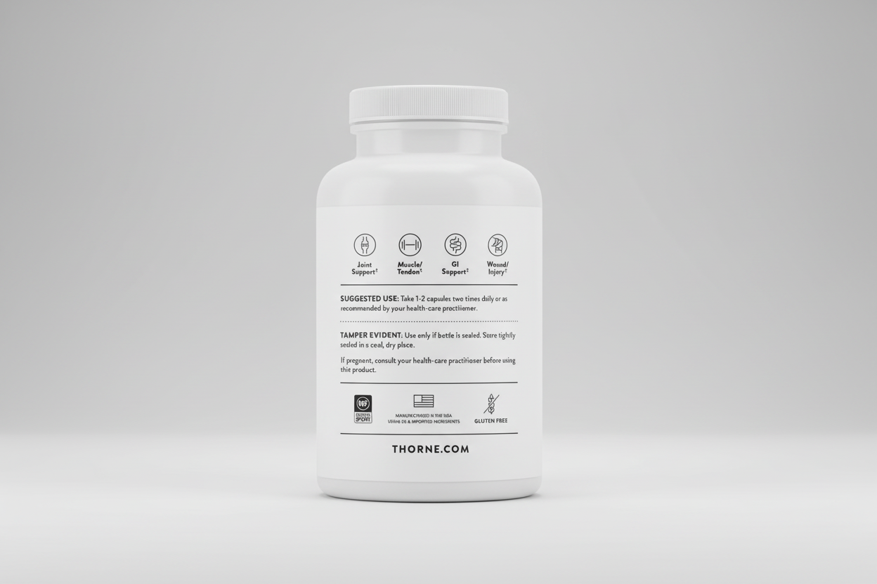 White supplement bottle with label on a black background