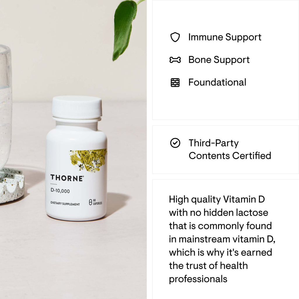 Thorne Vitamin D supplement bottle with product features listed on the right