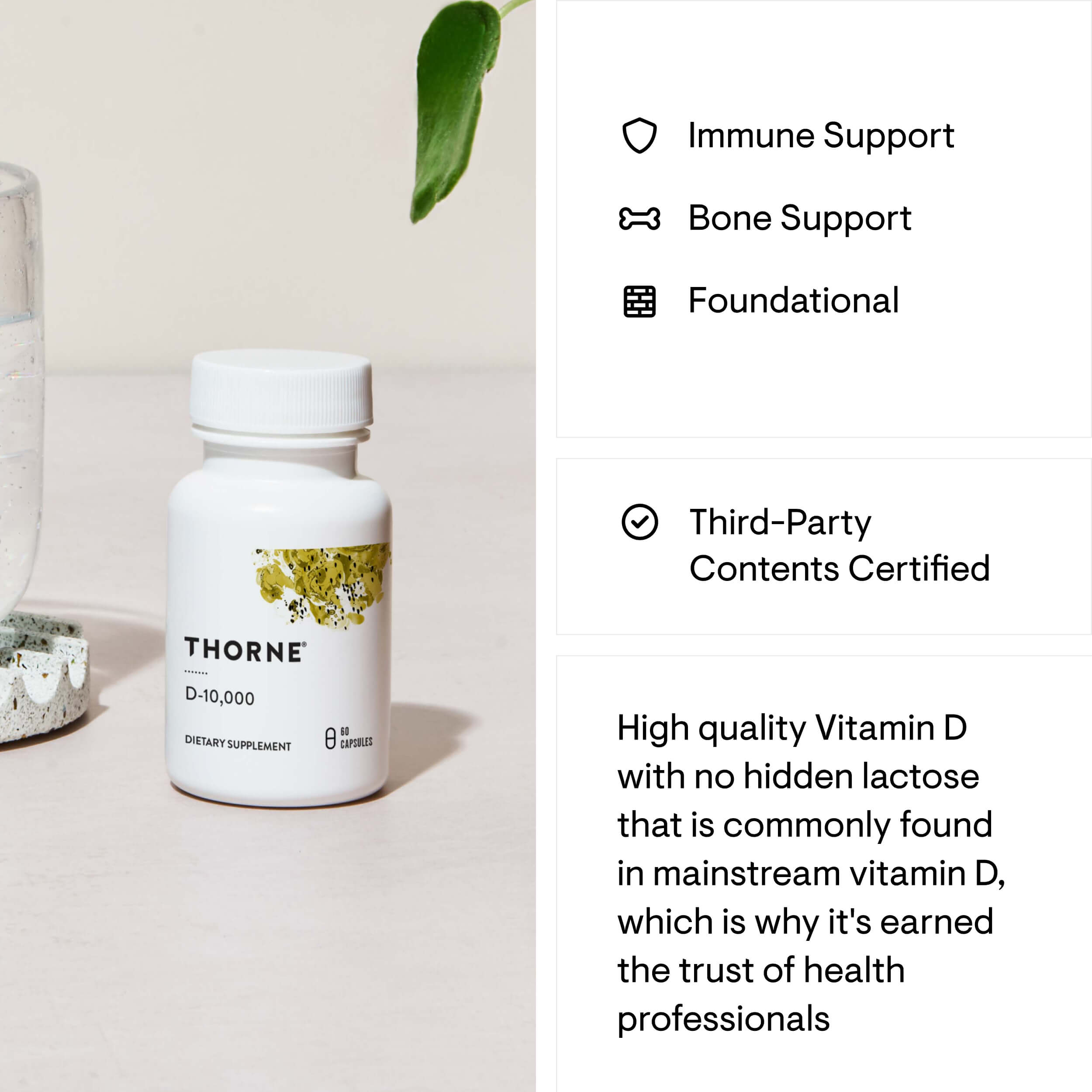 Thorne Vitamin D supplement bottle with product features listed on the right