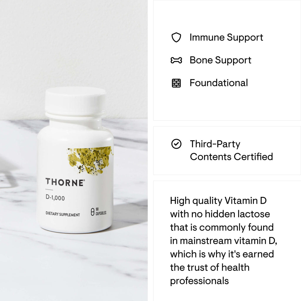 Thorne Vitamin D supplement bottle on a white surface with product features listed on the right.