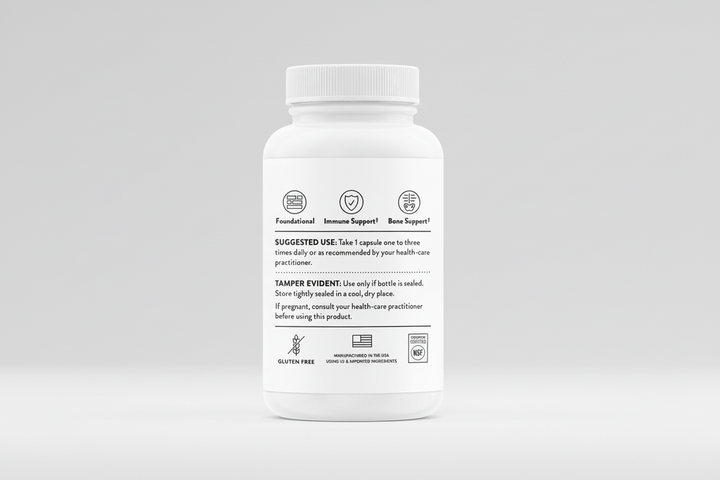 White supplement bottle with label on a white background