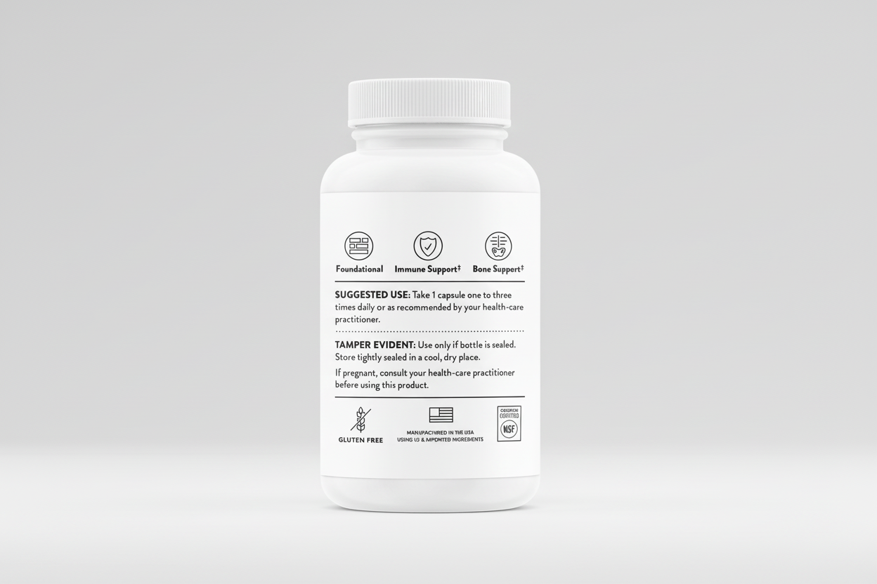 White supplement bottle with label on a white background
