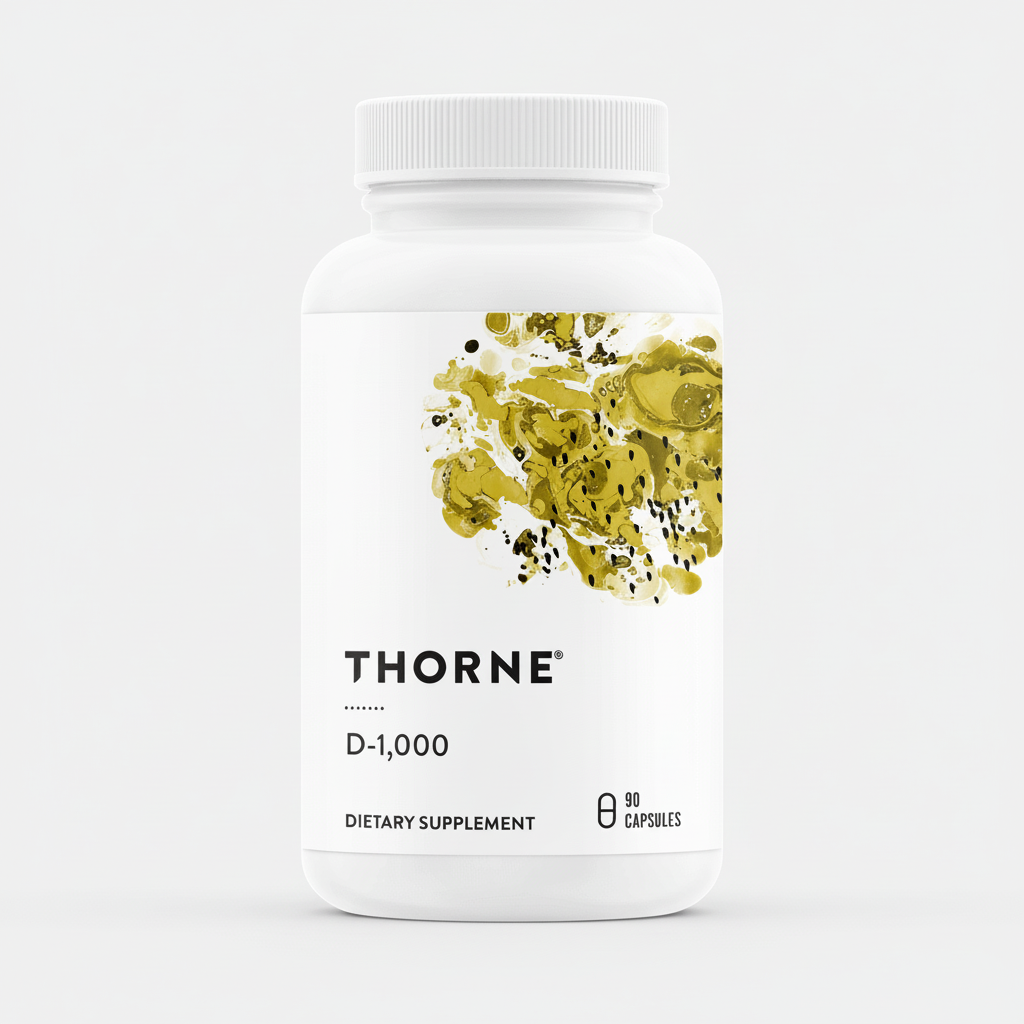 Thorne D-1,000 dietary supplement bottle on a white background