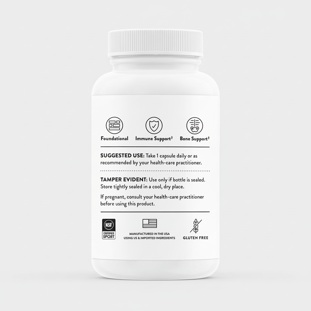 White supplement bottle with label on a black background