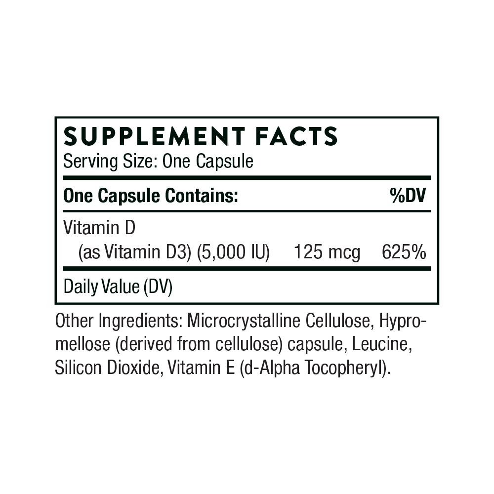 Supplement facts label for a vitamin D capsule on a white background