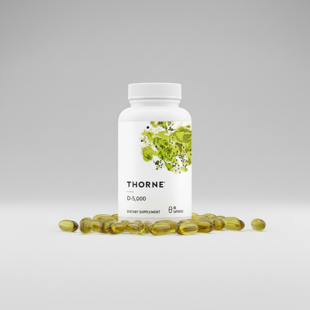 Thorne D-5,000 dietary supplement bottle on a white background