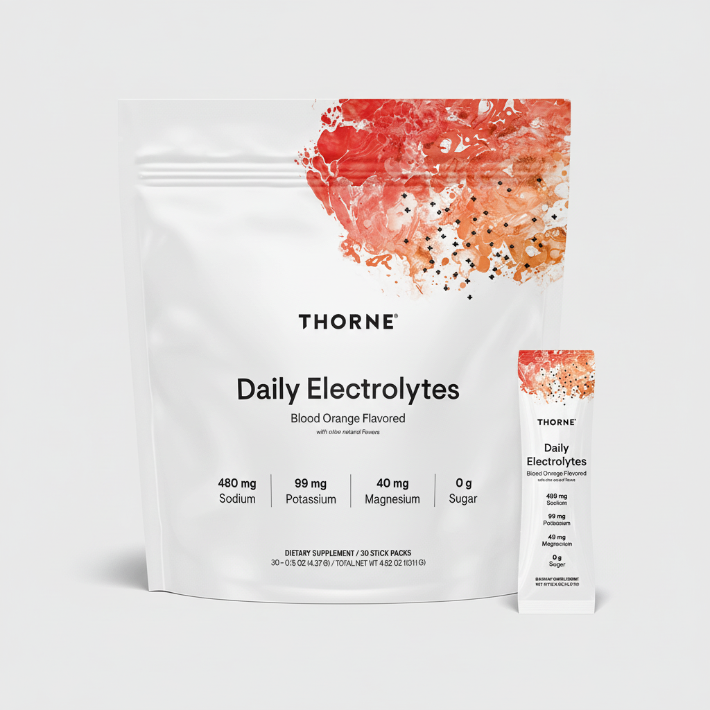 Thorne Daily Electrolytes package with blood orange flavor on a black background